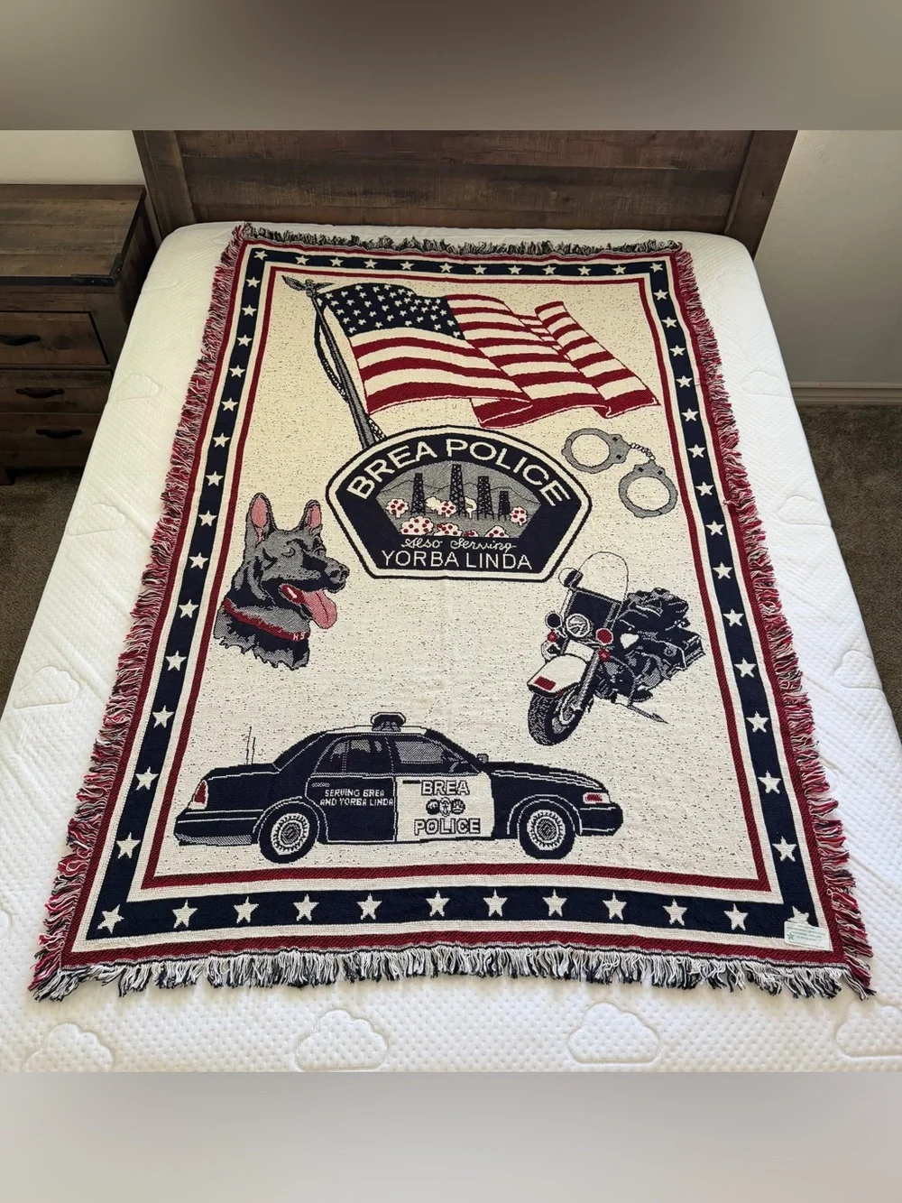 Vintage Brea Police Yorba Linda Throw Fringe Blanket Cotton CA Rare 43 X 70”